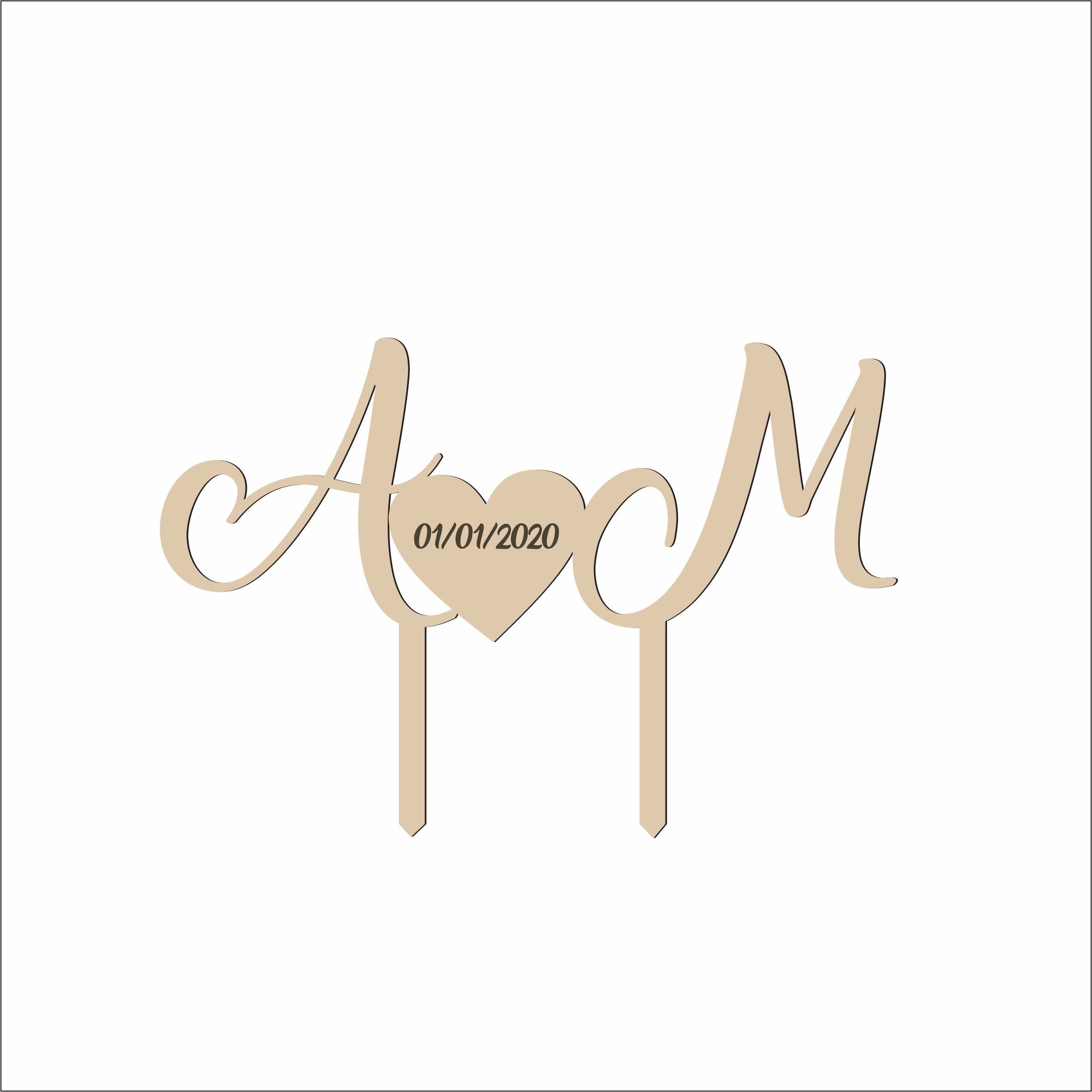 Cake topper Personalizzato con Nomi e Data all'interno di un cuore